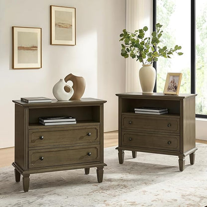 HULALA HOME Farmhouse End Table with Charging Station Set of 2, End Table with USB Ports & Outlets, Fluted Pilasters Design Side Table with Open Space and 2 Drawers Dresser for Living Room, KONA