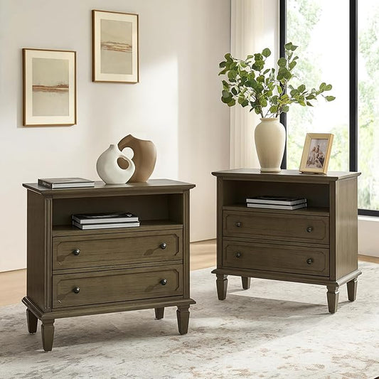 HULALA HOME Farmhouse End Table with Charging Station Set of 2, End Table with USB Ports & Outlets, Fluted Pilasters Design Side Table with Open Space and 2 Drawers Dresser for Living Room, KONA