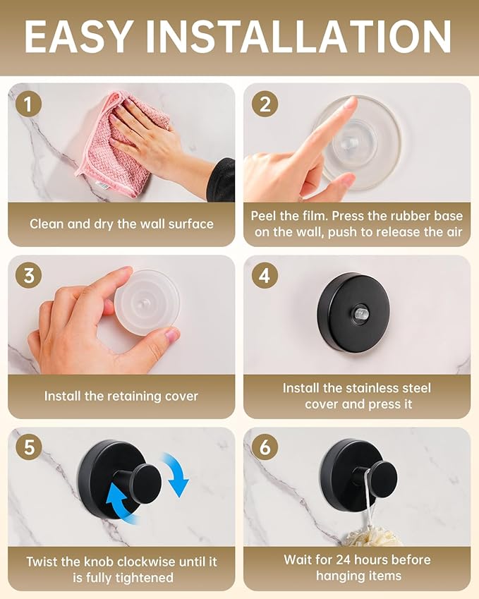 SwanKiss Suction Cup Hooks for Shower, Suction Cup Hooks for Door Wreaths, Robe Towel Hooks Heavy Duty for Bathroom Hanging, Windows, Kitchen, Glass, Mirror, No Drilling, 6 Pack (Black)