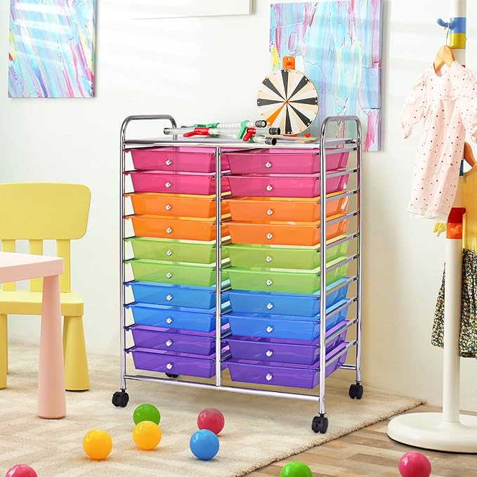 Rolling Cart with 20 Drawers, 20 Tiers Multicolor Trolley, Drawer Bin Carts with 2 Lockable Wheels, Adjustable File & Debris Organizer Cart, Rolling Storage Cart for Office, School, Home