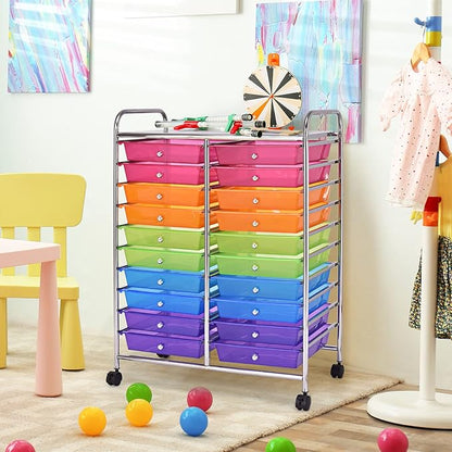 Rolling Cart with 20 Drawers, 20 Tiers Multicolor Trolley, Drawer Bin Carts with 2 Lockable Wheels, Adjustable File & Debris Organizer Cart, Rolling Storage Cart for Office, School, Home