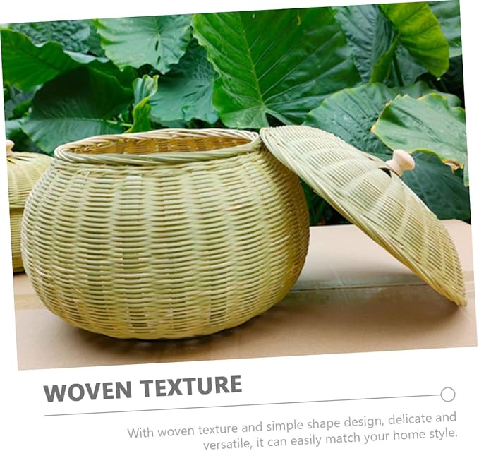 Cabilock Woven Storage Basket with Lid Round Organizer for Eggs Sundries Versatile Home Storage for Kitchen Bedroom Stylish Design