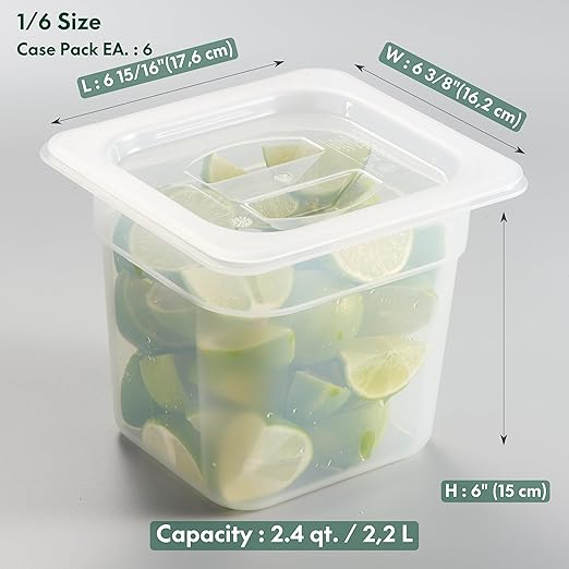 CURTA 6-Pack 1/6 Size 6" Deep Food Pan with Handled Lid – NSF Listed Commercial-Grade Translucent Polypropylene, Stackable Freezer-safe Storage for Restaurants, Catering & Buffets