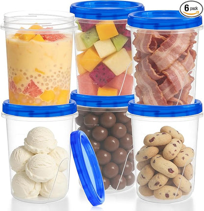 ISUSSER 6 Pack Freezer Containers with Screw On Lids, 32 Oz Stackable Reusable Plastic Storage Container, Airtight Plastic Food Storage Containers with Twist Top Lids for Food Soup Jello Sauce
