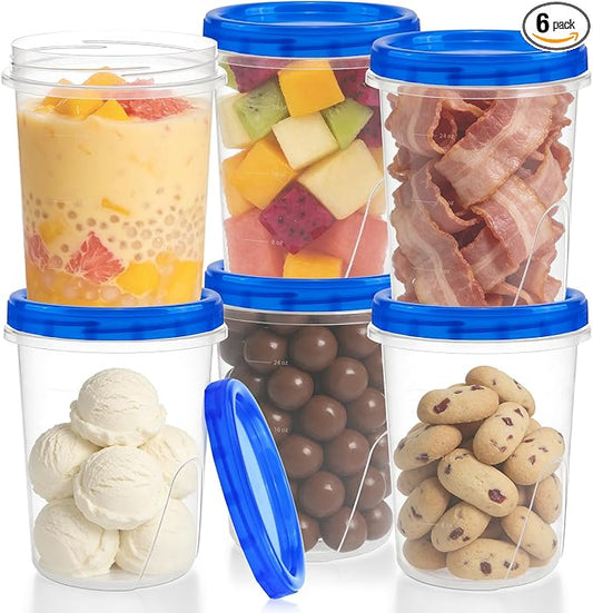 ISUSSER 6 Pack Freezer Containers with Screw On Lids, 32 Oz Stackable Reusable Plastic Storage Container, Airtight Plastic Food Storage Containers with Twist Top Lids for Food Soup Jello Sauce