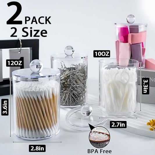 XIPENGKEJI 2 Pack Qtip Holder,Canister Apothecary Jar Set, Bathroom Jars with Lids Set for Cotton Swabs, Balls, Pads, Floss Picks,10oz-12oz Plastic Canisters Restroom Bedroom Vanity Organizer(Clear)