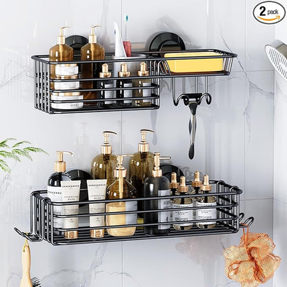 LEVERLOC Shower Caddy Suction Cup, 2 Pack suction shower shelf with Hooks & Soap holder, NO-Drilling Bathroom Holder, Rustproof bathroom organizer, Black
