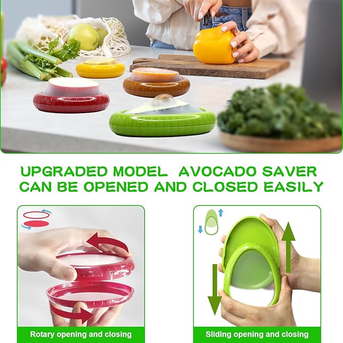 AWLGAK Avocado Saver and Onion Holder -Set of 4 Reusable Fruit and Veggie Savers for Fridge - BPA-Free, Prevent Flavor Mixing, Keep Fresh (Green, Brown, Red And Yellow)