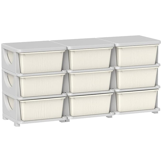 Qaba 3 Tier Kids Storage Unit, Toy Organizers and Storage with 9 Drawer Chest for Kids Bedroom Nursery Kindergarten Living Room for Boys Girls Toddlers, Cream White