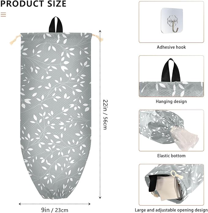 1 PC Plastic Bag Holder Wall Mount Grocery Bag Holder Shopping Bag Trash Bag Storage Organizer Dispenser for Kitchen Closet 22 x 9 Inch Leaves Grey