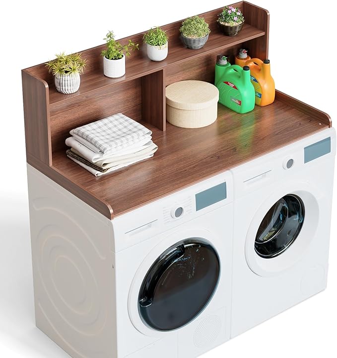 Washer Dryer Countertop with 2 Tier Shelf, 27.5" W × 54" L Laundry Wood Countertop with Edge Rails for Laundry Room Organization and Storage (Walnut)