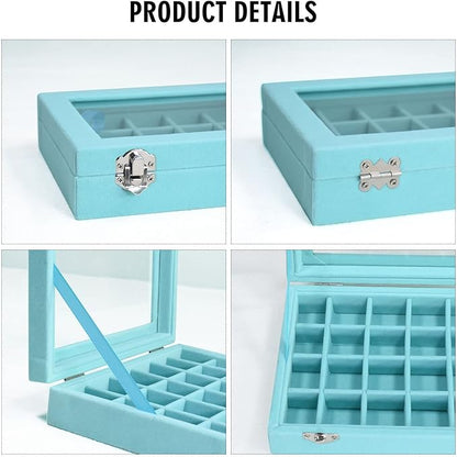 Velvet Jewelry Box 24 Grid Jewelry Ring Display Organiser Box Tray Holder Earrings Storage Case for Girls Wife Mom Women (Light Blue)