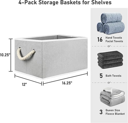 Closet Storage Bins, Linen Closet Organizers and Storage Basket for Shelves, Collapsible Shelf Baskets for Organizing Shelves, Bedroom Clothes Basket, Gray, 4 Pack