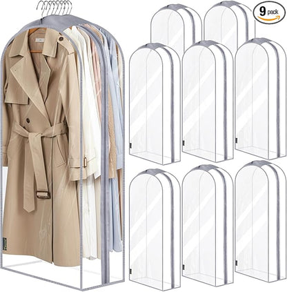 BALEINE 50'' Clear Garment Bags for Hanging Clothes, 10.5'' Wide PEVA Suit Bag for Closet Clothes Dresses Coat (Clear, 9PK)