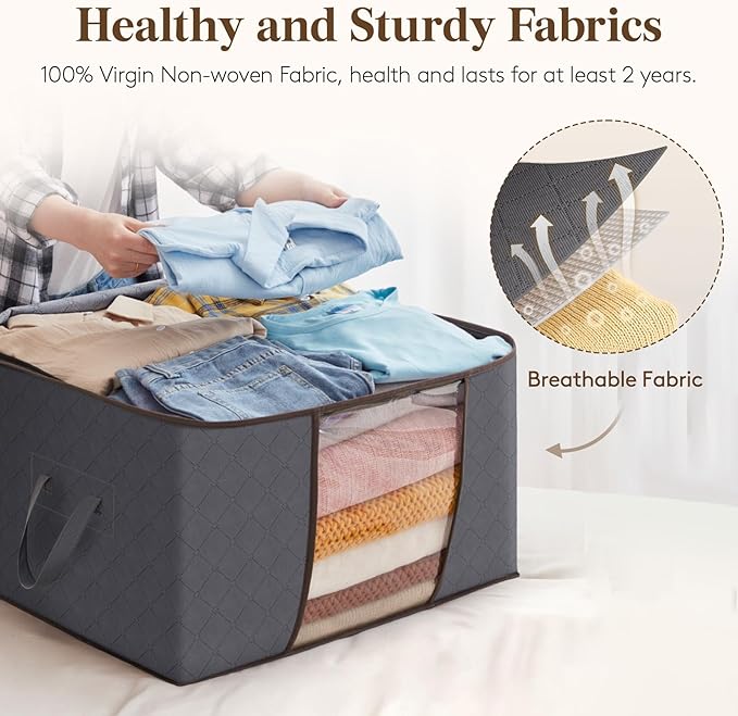 Lifewit Large Capacity Clothes Storage Bag Organizer with Reinforced Handle Thick Fabric for Comforters, Blankets, Bedding, Foldable with Sturdy Zipper, Clear Window, 9 Pack, 90L, Grey