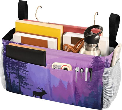 CuwrYet Bedside Caddy Hanging Bunk Bed Caddy Bed Organizer Hanging Pocket with 2 Hooks Bedside Storage Organizer Pocket Bag Holder Purple Stag Mountains and Forest