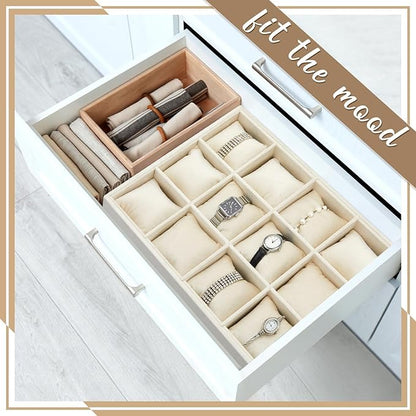 Henoyso 2 Pieces 12 Grid Velvet Watch Tray Jewelry Organizer Stackable Watch Bracelet Bangle Display Holder Adjustable Pillow(Beige)