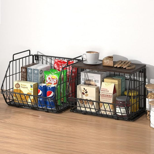 Wetheny 2 Tier Stackable Wall Mounted Wire Basket Fruit Basket with Wood Lid - Kitchen Pantry Organization and Storage, Hanging Storage Basket for fruits, Onion, Potato, Produce, Vegetable (Black)