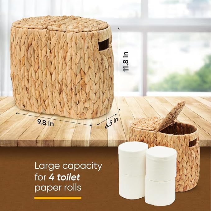 Toilet Paper Basket with Lid, Woven Natural Water Hyacinth Toilet Paper Storage, Papers Container for 4 Mega Rolls, Storage Holder with Built-in Handles, Slim Bathroom Stand Basket Organizer for Decor