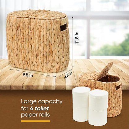 Toilet Paper Basket with Lid, Woven Natural Water Hyacinth Toilet Paper Storage, Papers Container for 4 Mega Rolls, Storage Holder with Built-in Handles, Slim Bathroom Stand Basket Organizer for Decor