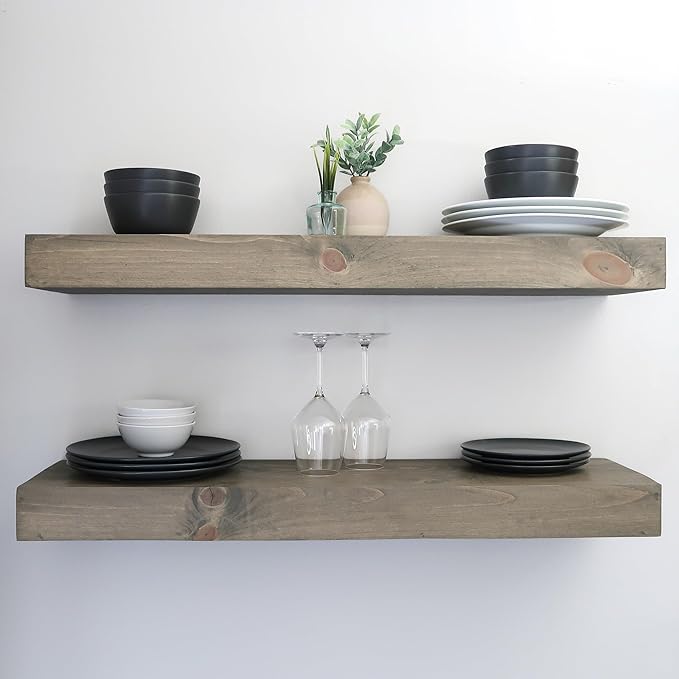 Urbandi Modern Floating Shelves 3 Inches Thick for Wall, Wide Shelves for Kitchen, Living Room, Bedroom, and Bathroom, Natural Pine Wood, Rustic Wooden Shelf, (Set of 2) (Aged Barrel, 24Lx3Hx8D)