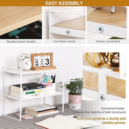 Desk Shelf Organizer for Top of Desk, Detachable 2 Tier Desktop Bookshelf, Wooden Desk Shelves Storage Rack, Small Desktop Shelf for Office Home Dorm, Tabletop Desk Organizer Stand (White+White)