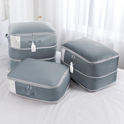 Easortm Comforter Storage Bag - Large Capacity Blanket Storage Bags 3-Layer Ultra Space Saving Self Compression Organizer, Washable Compression Bags for Storage Comforter Blanket, 8-Pack, Grey