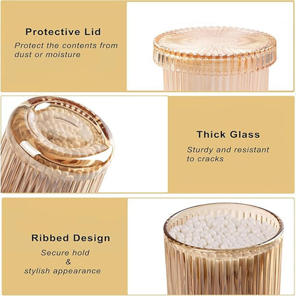 ESEHGS 2 Pack Glass Qtip Holder Dispenser Set - Bathroom Organizer for Cotton Swabs, Balls, Pads, Floss Picks - Clear Apothecary Jars for Vanity, Makeup Storage, Bathroom Accessories Decor (Amber)
