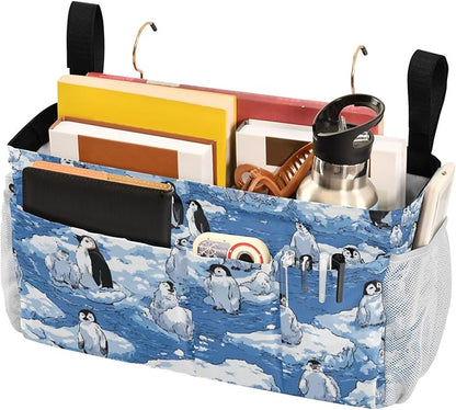 CuwrYet Bedside Caddy Hanging Bunk Bed Caddy Bed Organizer Hanging Pocket with 2 Hooks Bedside Storage Organizer Pocket Bag Holder Blue Penguins Ice Floes Snow Water