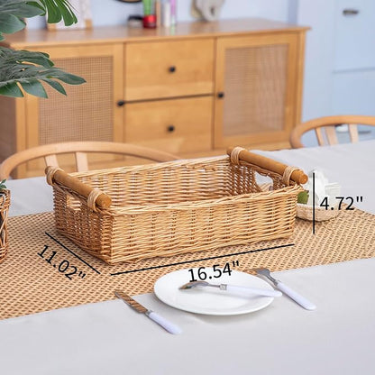 YAHUAN Woven Wicker Storage Basket Wicker Tray Shallow Basket Organizing 16.54L x 11.02W x4.72H in (Wicker)