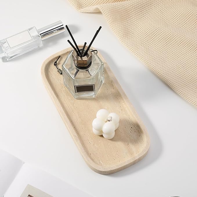 Koville Travertine Tray, 10"x5" Marble Vanity Tray for Bathroom Countertop Kitchen Sink, Rectangular Stone Tray for Perfume Fragrance, Decorative Catchall Tray Jewelry Cosmetics Organizer(Beige)