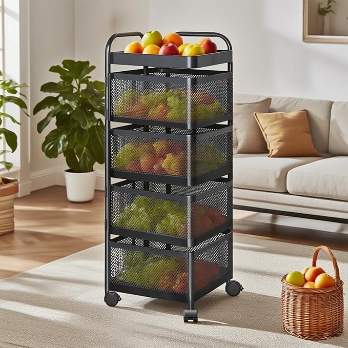 Rotating Kitchen Storage Rack, 4 Tier Rolling Cart with Fruit and Vegetable Basket, Black Storage Organization Dolly Cart with Wheels for Bathroom, Kitchen and Bedroom