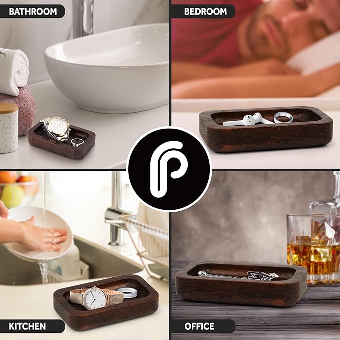 Prazoli Men's Ring Holder - Wooden Ring Dish & Tray for Nightstand for Him, Small Trinket Dish