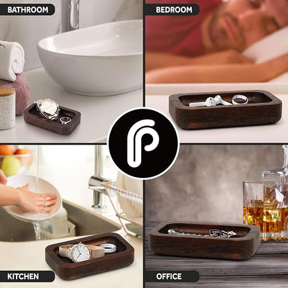 Prazoli Men's Ring Holder - Wooden Ring Dish & Tray for Nightstand for Him, Small Trinket Dish