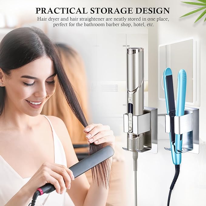 LOXSUN Hair Straightener Holder Wall Mount Curling Iron Holder, Blow Dryer Holder Wall Mounted, Adhesive Hair Dryer Holder, Hair Tools Organizer Storage for Bathroom Vanity (1, Silver)