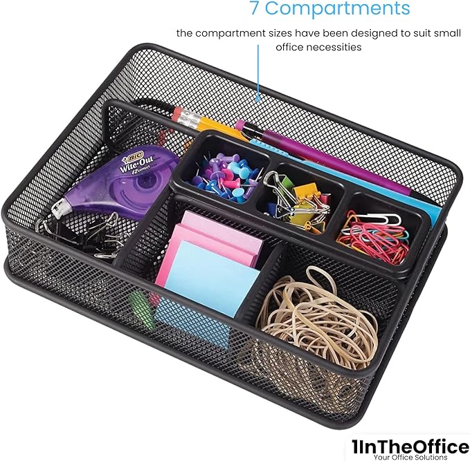 1InTheOffice Modern Minimalist Mesh Collection Desk Drawer Organizer, 7 Compartment, Matte Black