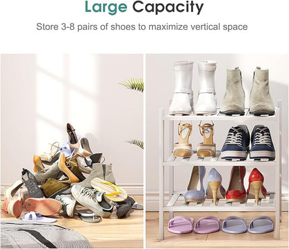 Small Shoe Rack for Entryway, White Shoe Organizer for Closet, Bamboo Wood Standing Shoe Shelf for Indoor Outdoor (White, 3-Tier_Samll)