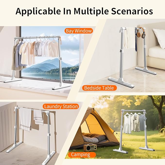 Foldable Adjustable Closet Rod,20.86-35.43in Width Aluminum Clothes Hanging Rod,Portable Drying Rack for Closet Storage RV Laundry Small Space,Tool-free installation,Heavy Duty Tension Rod