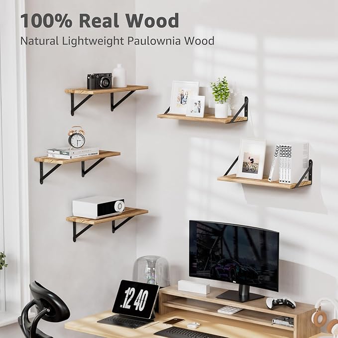 Wall Shelves 7.3" Deep Set of 3, Solid Paulownia Wood Wider Longer Sturdy Easy to Install Wall Mounted Bookshelves Storage Shelves Bathroom Home Office Laundry Room Bedroom Organizer