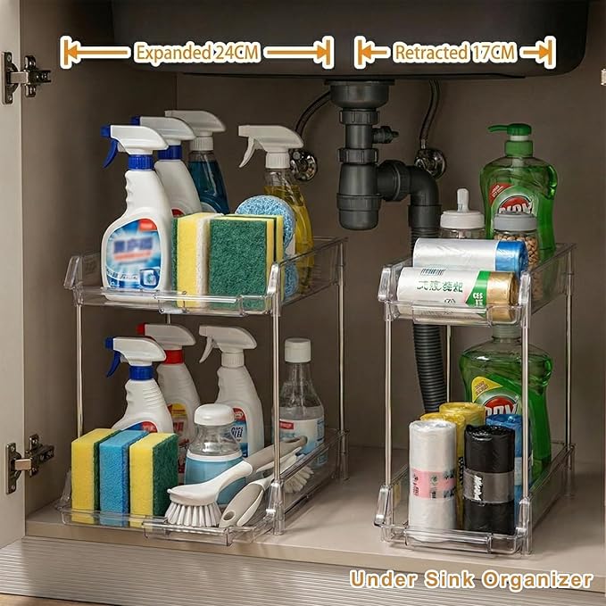 SOVGIZF Expandable Cabinet Organizer Shelf, 2-Tier kitchen Counter Organization Shelves, Spice Rack,Clear Plastic Countertop Storage Rack for Makeup, Pantry, Cupboard, Bathroom, Desk Organization