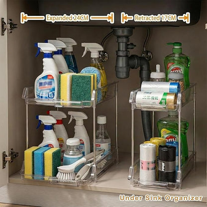 SOVGIZF Expandable Cabinet Organizer Shelf, 2-Tier kitchen Counter Organization Shelves, Spice Rack,Clear Plastic Countertop Storage Rack for Makeup, Pantry, Cupboard, Bathroom, Desk Organization