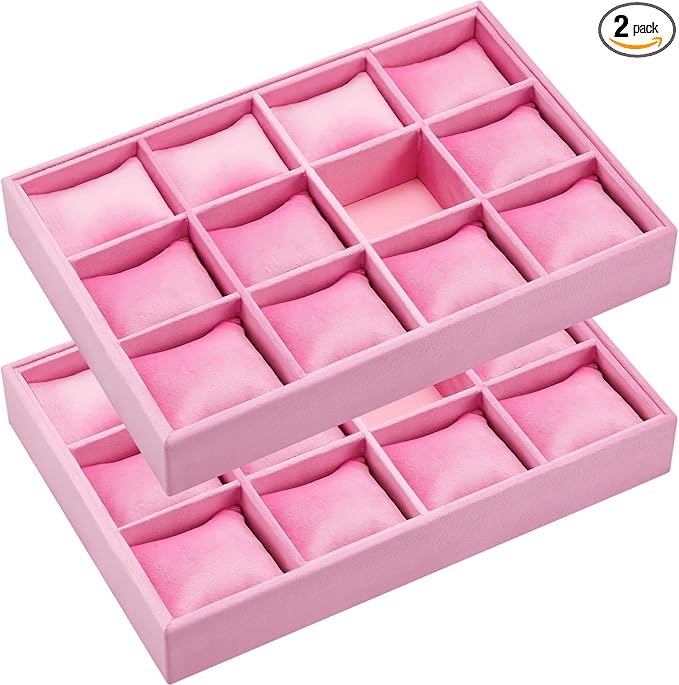 Henoyso 2 Pieces 12 Grid Velvet Watch Tray Jewelry Organizer Stackable Watch Bracelet Bangle Display Holder Adjustable Pillow(Pink)