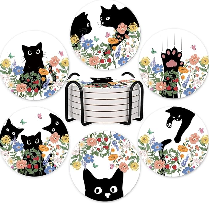 SHIYUE 6 Pack Curious Cat Coasters with Holder, Absorbent Ceramic Coasters, Drinks Coffee Table Home Decor Housewarming Gift, 4 Inches(Colorful Flower)