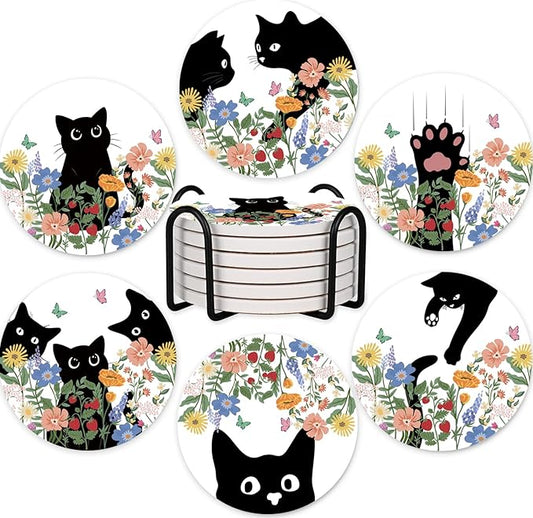 SHIYUE 6 Pack Curious Cat Coasters with Holder, Absorbent Ceramic Coasters, Drinks Coffee Table Home Decor Housewarming Gift, 4 Inches(Colorful Flower)
