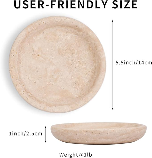 LWALMS Travertine Marble Jewelry Tray - Stone Trinket Ring Key Purse Holder Dish, Small Cute Round Plate Decorative Bowl for Nightstand Entryway Coffee Table Decor (5.5 inch)