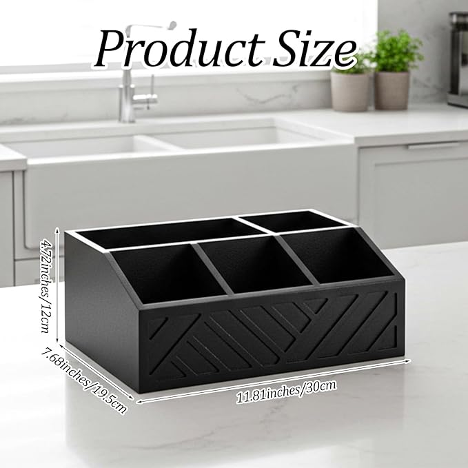 Black Coffee Station Organizer for Counter, Wood Coffee Pods Holder Storage Basket with 5 Compartments, Coffe and Tea Condiment Basket Storage Organizer, Farmhouse Bar Accessories Decor