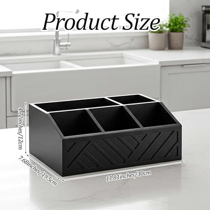 Black Coffee Station Organizer for Counter, Wood Coffee Pods Holder Storage Basket with 5 Compartments, Coffe and Tea Condiment Basket Storage Organizer, Farmhouse Bar Accessories Decor