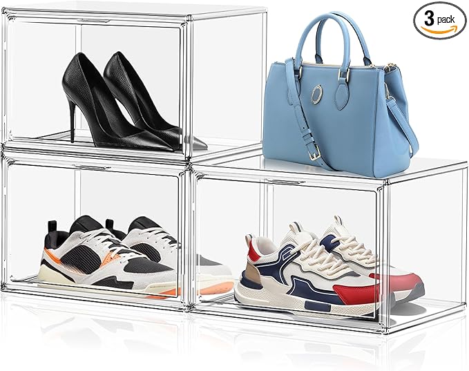 EZJOB 3 Pack Clear Shoe Storage Boxes Stackable with Magnetic Door Purse Zapateras Organizer X-Large Acrylic Display Case Handbag Organizer for Closet,Fit up to US Size 14