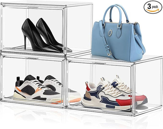 EZJOB 3 Pack Clear Shoe Storage Boxes Stackable with Magnetic Door Purse Zapateras Organizer X-Large Acrylic Display Case Handbag Organizer for Closet,Fit up to US Size 14