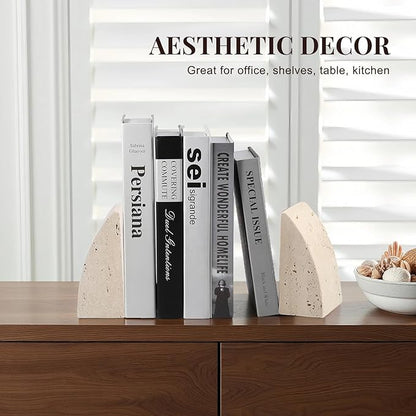 Koville Travertine Bookends for Shelves, Large Stone Bookends for Heavy Books, Non-Slip Heavy Duty Book Stopper for CD/Movies, Aesthetic Decorative Book Ends for Bookshelf Table Home Decor(Beige)